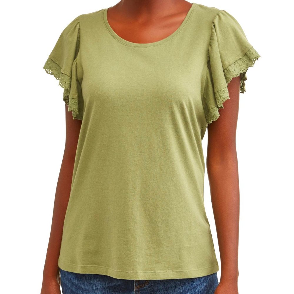 Time and Tru Women's Eyelet Trim Short Sleeve T-shirt